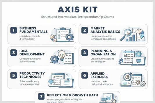 Axis Kit Structured Intermediate Entrepreneurship Course outline with icons and text on a white background