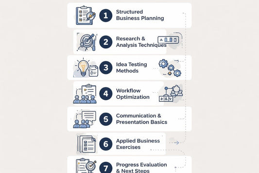 List of business planning topics with icons on a white background