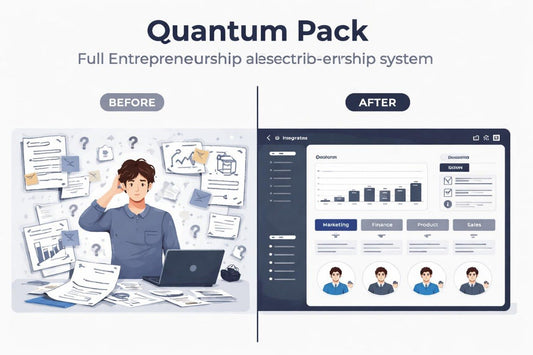 Comparison of a person working with paperwork and a computer interface labeled 'Before' and 'After' with 'Quantum Pack' branding.