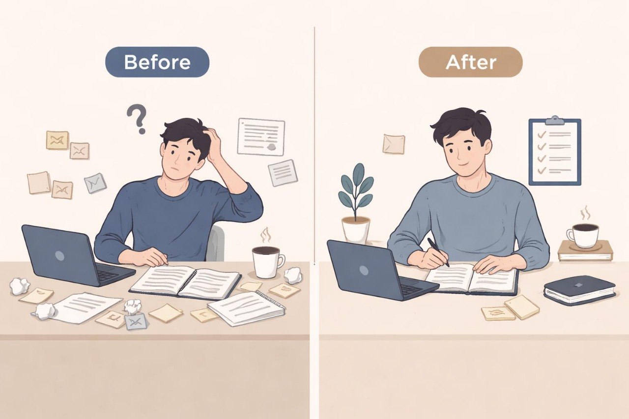 Illustration of a person before and after organizing their desk with text labels 'Before' and 'After'.