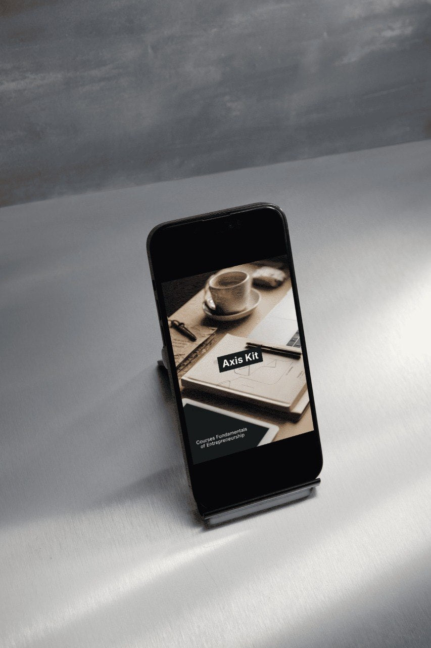 Phone displaying a product image on a gray surface