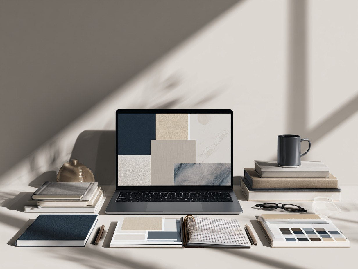 Laptop on a desk with books, a mug, and stationery items.