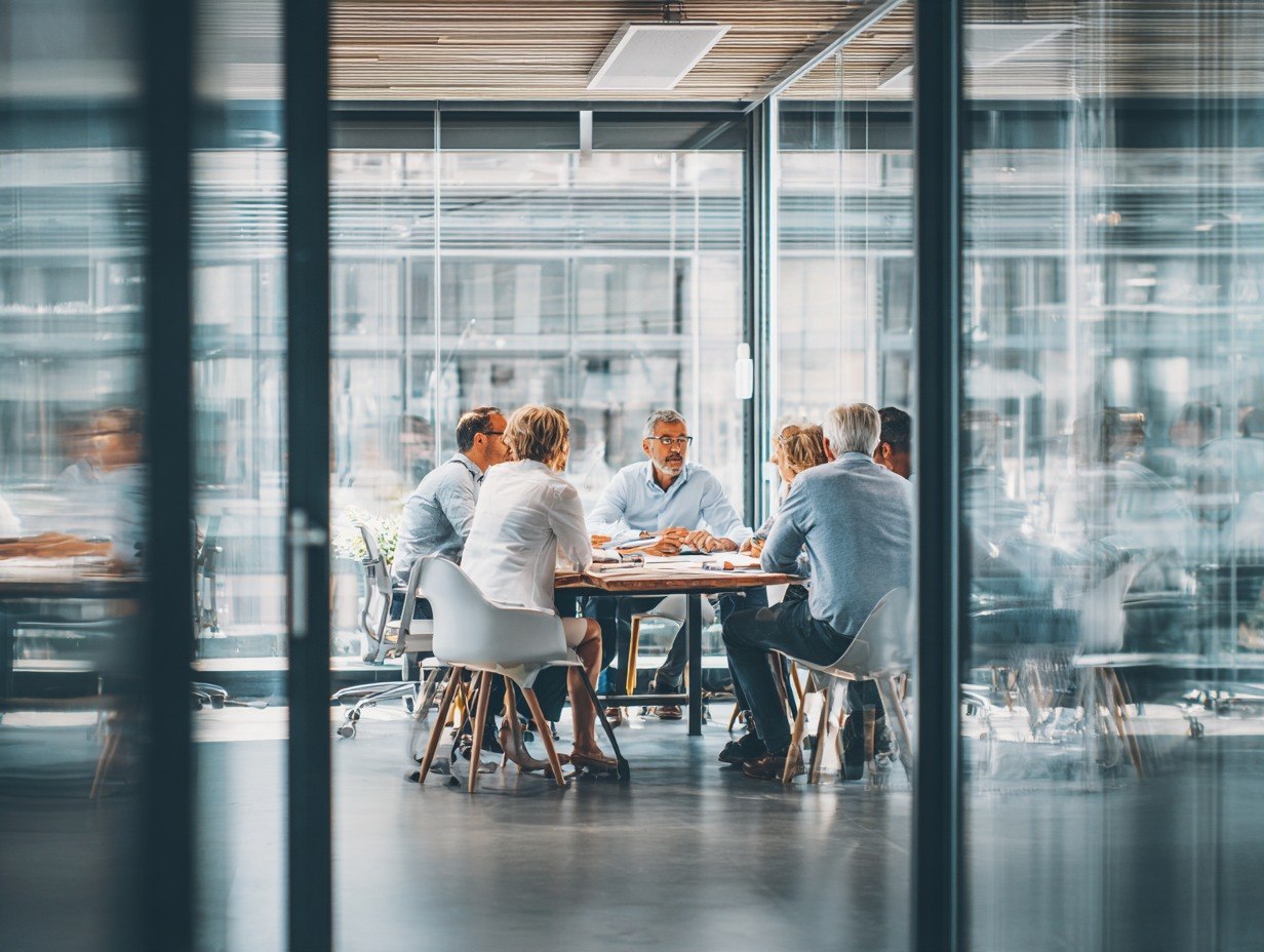 Group of people sitting around a table in a modern office setting