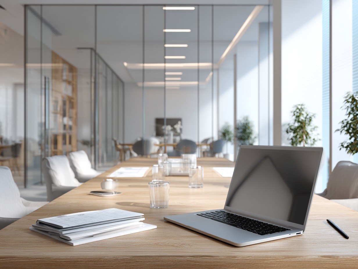 Modern office setting with a laptop on a desk