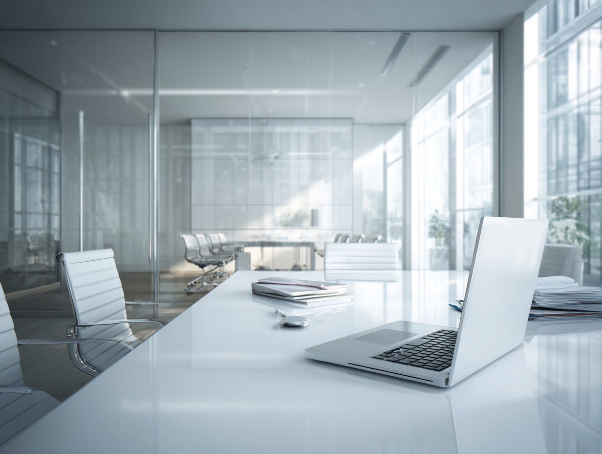 Modern office conference room with a laptop on a table