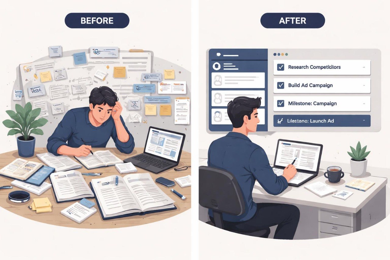 Illustration of a person working at a desk with 'Before' and 'After' comparisons on computer screens.