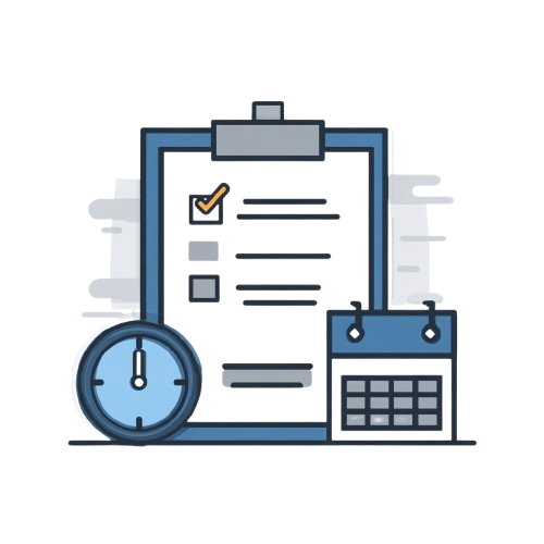 Icon of a clipboard with a document, clock, and calendar on a white background