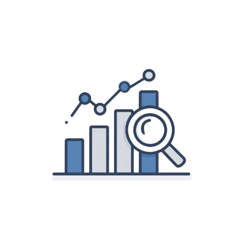 Icon of a magnifying glass over bar graphs with a line showing growth on a white background