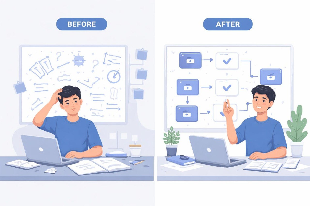 Illustration of a person using a laptop with 'Before' and 'After' comparisons on screens.