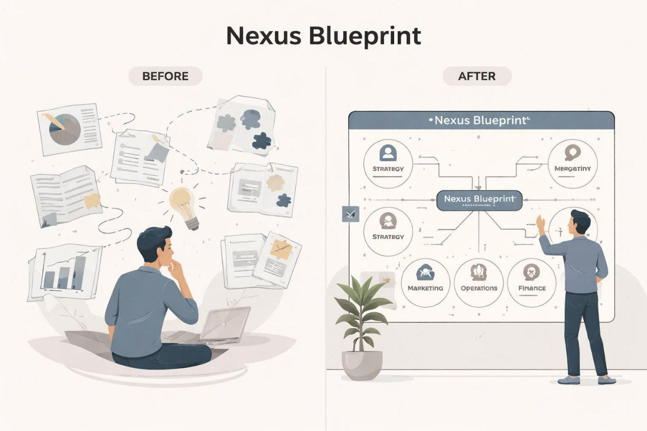 Illustration of a person using a laptop with 'Nexus Blueprint' on a screen, comparing 'Before' and 'After' states.