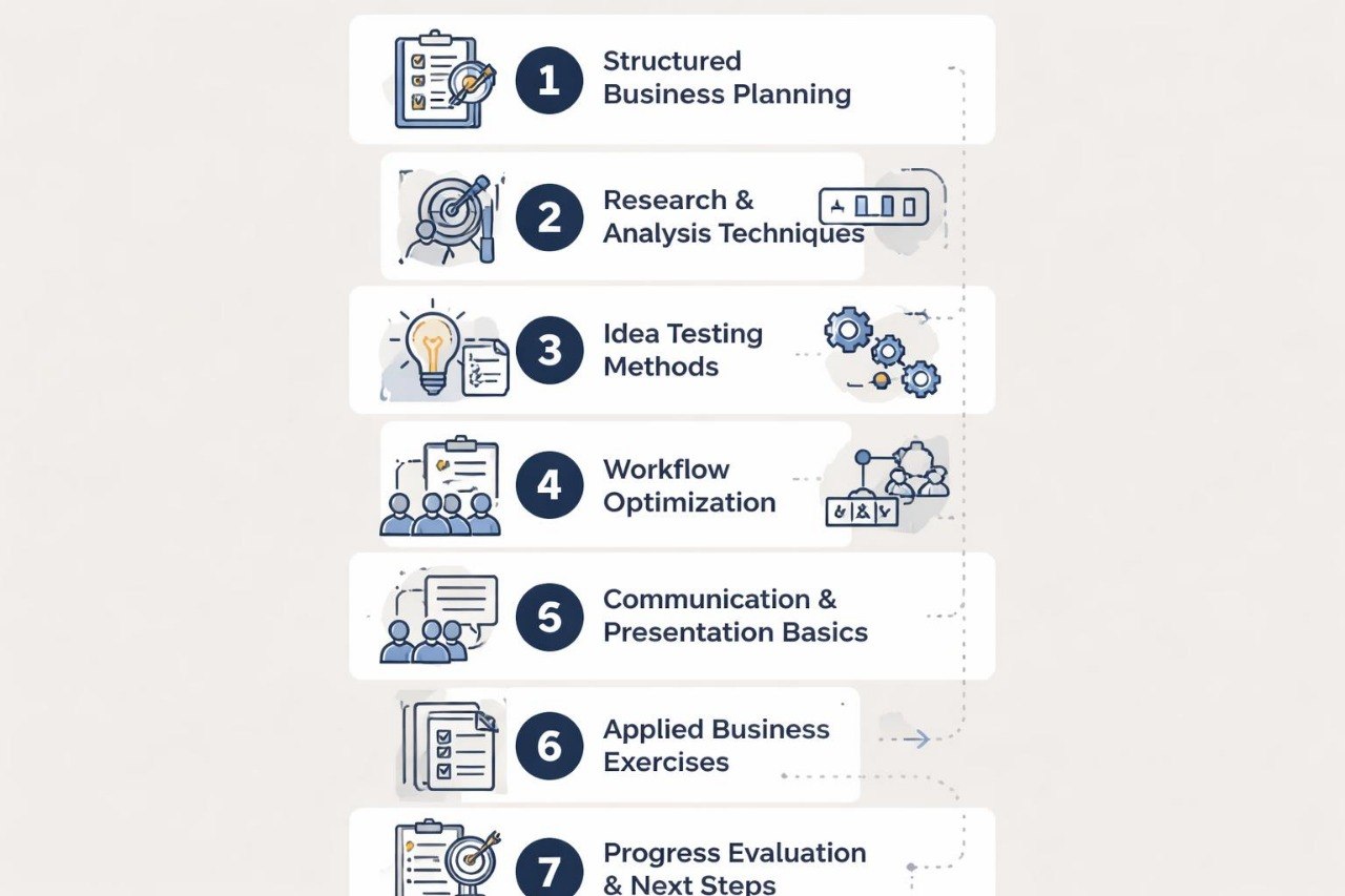 List of business planning topics with icons on a white background