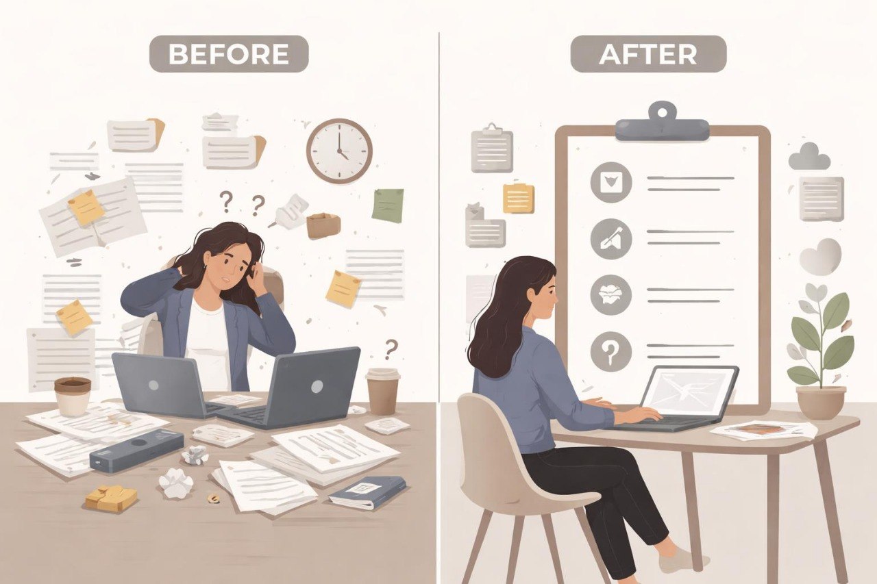 Illustration of a person working at a desk with 'Before' and 'After' comparisons on a white background.