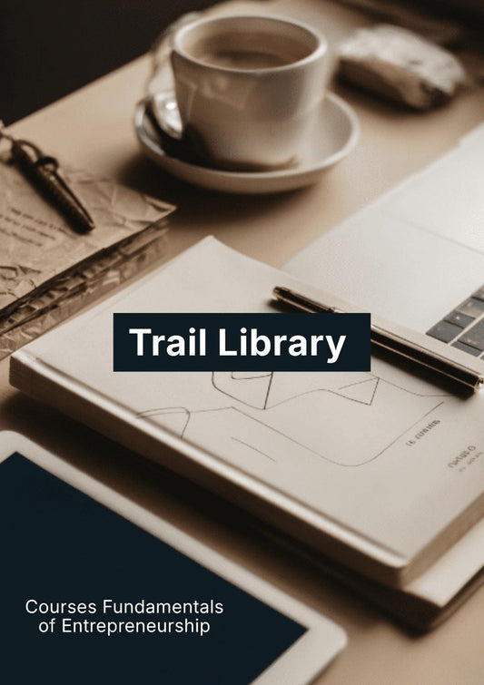 Laptop, notebook, smartphone, and coffee on a desk with 'Trail Library' branding.