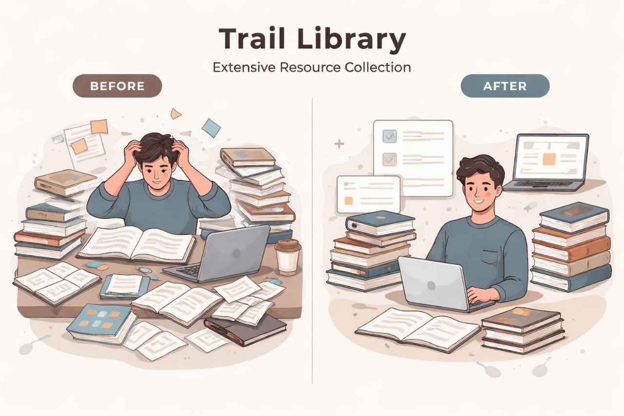 Illustration of a person with a cluttered desk before and after using a 'Trail Library' for better organization.