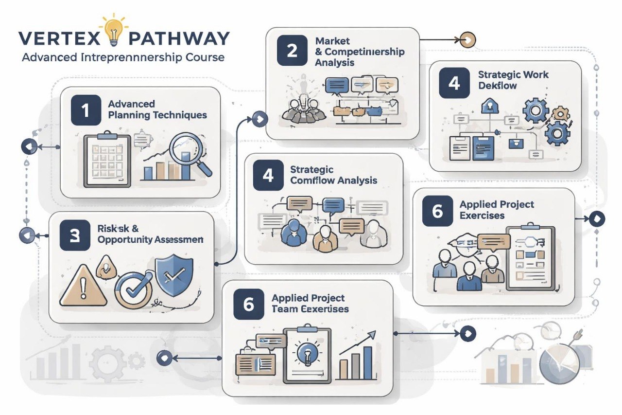 Diagram of Vertex Pathway Advanced Entrepreneurship Course with steps and icons.